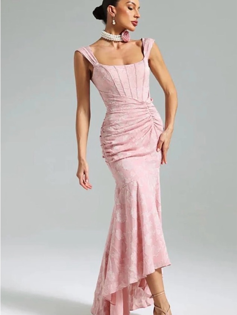 Asymmetrical Light Pink Ruched Mermaid Dress